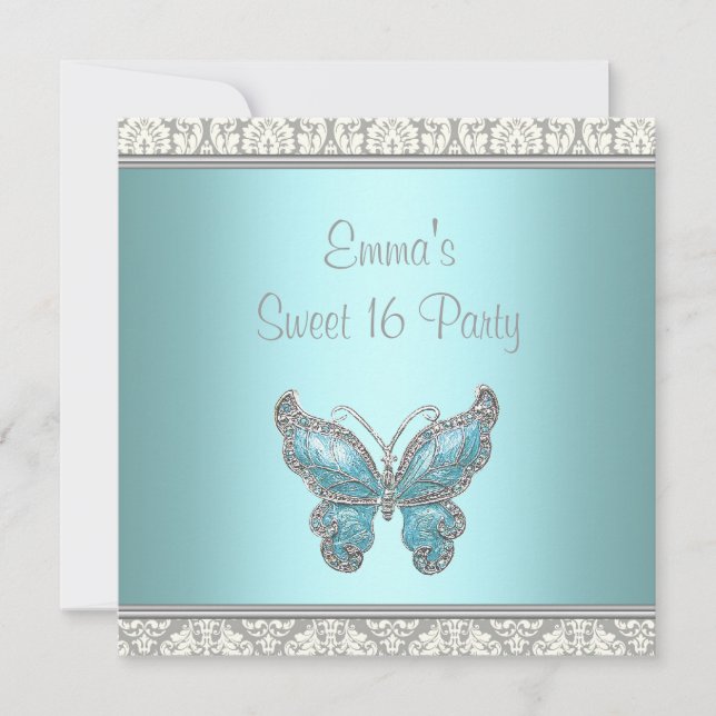 Convite Teal Butterfly Damask Sweet 16 Party (Frente)