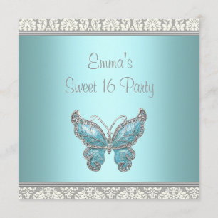 Convite Teal Butterfly Damask Sweet 16 Party