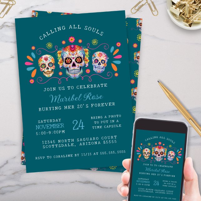 Convite Teal Caladera Day of the Dead Sugar Skull Aniversá (aqua teal day of the dead calling all souls caladera mexican sugar skull birthday party invitations)