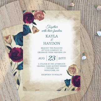 Convite Teal, Casamento do Jardim Rosa Beige Burgundy