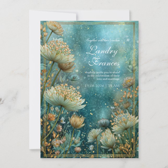 Convite Teal Celestial Gilded Astrantia Wedding (Frente)