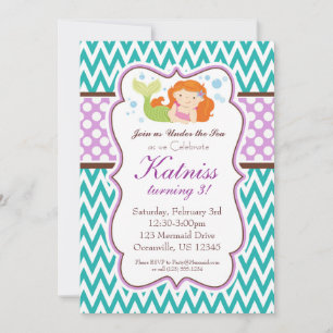 Convite Teal Chevron e Bolinhas Roxa Sereia Aniversário
