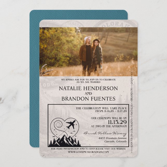 Convite Teal Colorado Passport Wedding (Frente/Verso)
