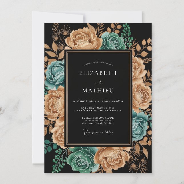 Convite Teal Copper Artistic Floral Wedding (Frente)