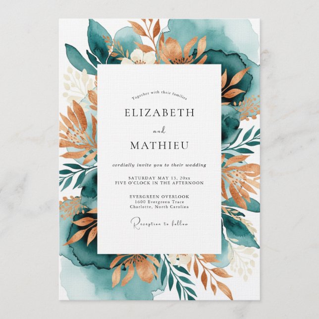 Convite Teal Copper Botanical Romance Wedding (Frente)
