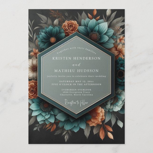 Convite Teal Copper Dramatic Botanical Wedding (Frente)