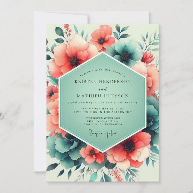 Convite Teal Coral Artful Flora Wedding (Frente)