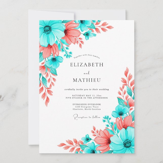 Convite Teal Coral Artistic Bloom Wedding (Frente)