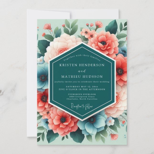 Convite Teal & Coral Artistic Floral Wedding (Frente)