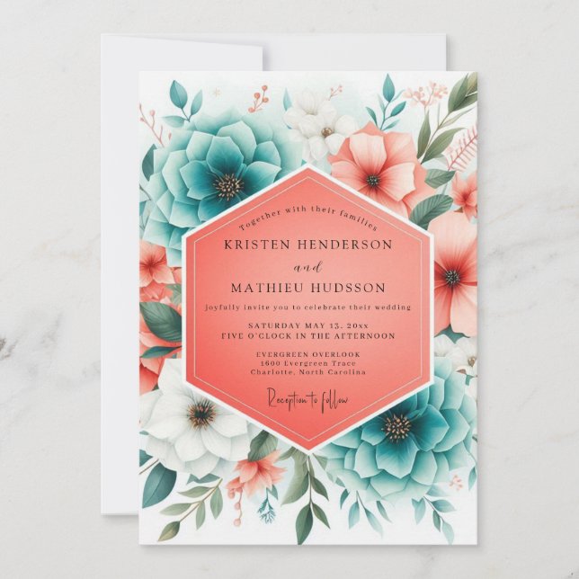 Convite Teal Coral Bloom Romance Wedding (Frente)