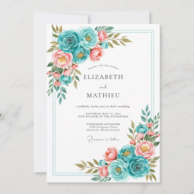 Convite Teal Coral Bloom Romance Wedding (Frente)