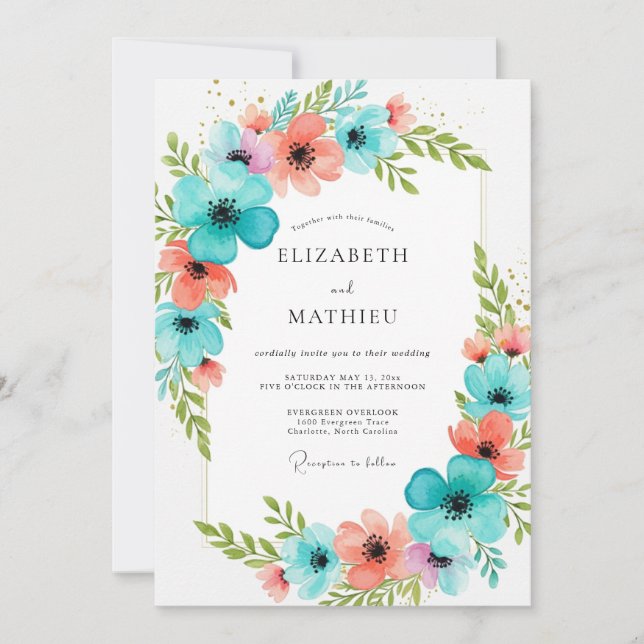 Convite Teal Coral Blooming Romance Wedding (Frente)