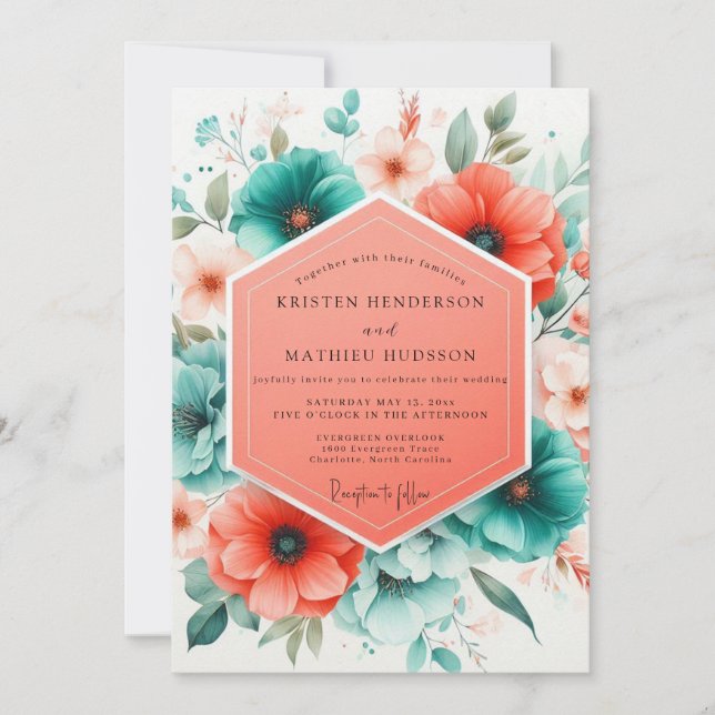 Convite Teal Coral Blossom Romance Wedding (Frente)