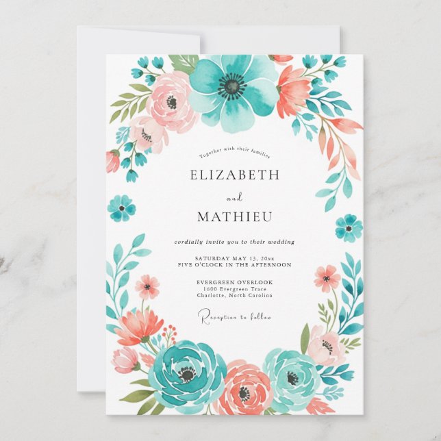 Convite Teal Coral Botanical Bloom Wedding (Frente)