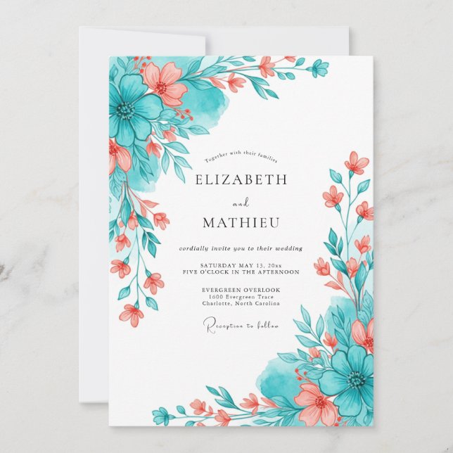 Convite Teal Coral Botanical Romance Wedding (Frente)
