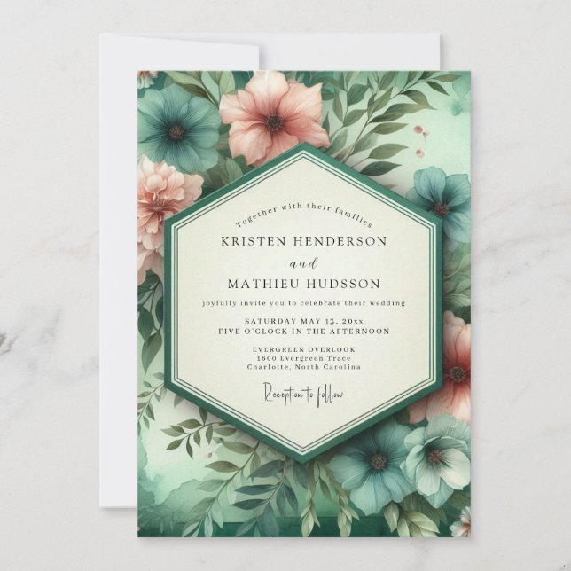 Convite Teal Coral Botanical Romance Wedding (Frente)