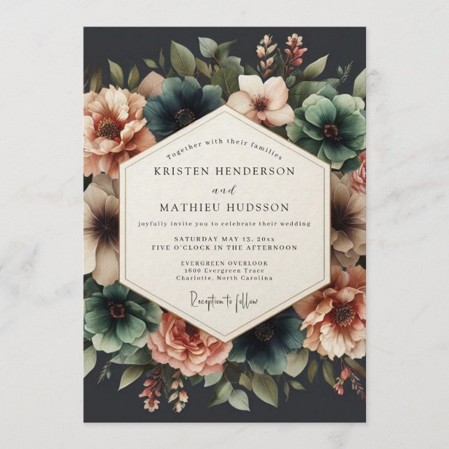 Convite Teal & Coral Dramatic Floral Wedding (Frente)