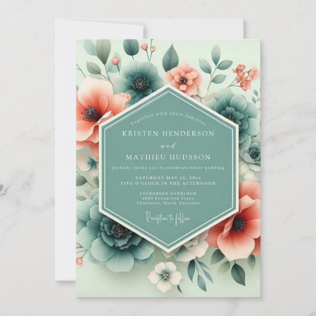 Convite Teal Coral Ethereal Flora Wedding (Frente)