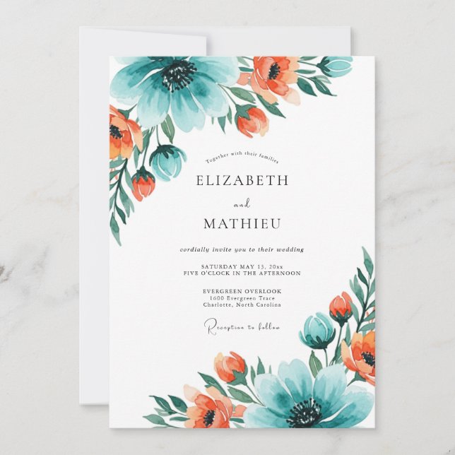 Convite Teal Coral Exhilarating Summer Wedding (Frente)