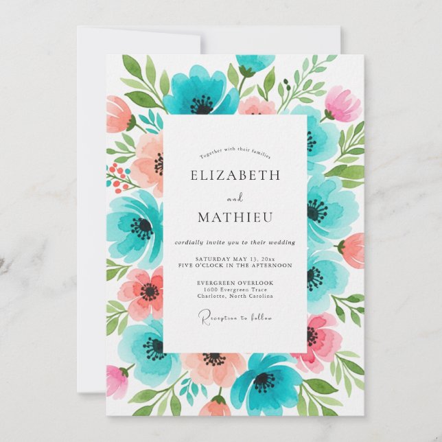 Convite Teal Coral Floral Bloom Wedding (Frente)