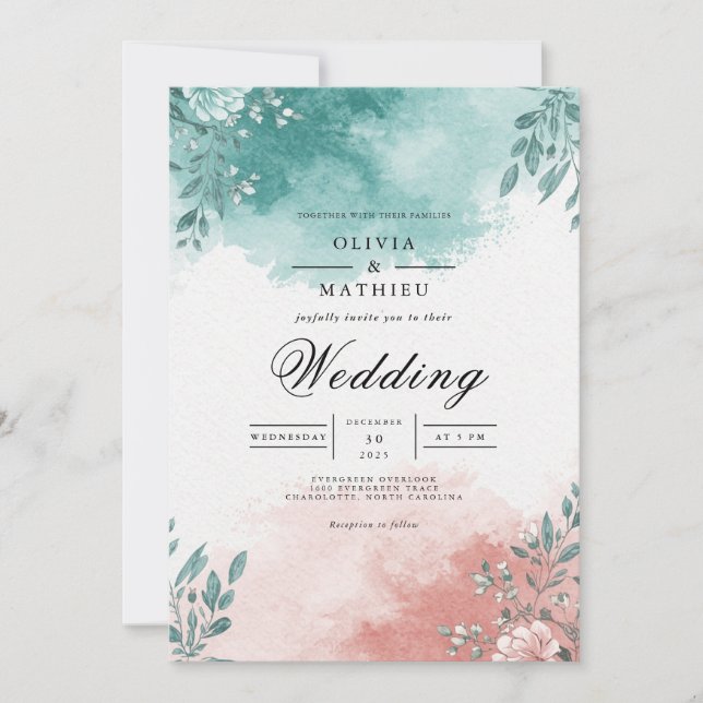 Convite Teal Coral Floral Splash Wedding (Frente)