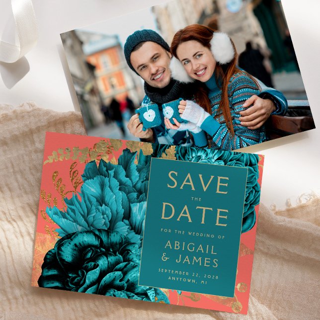 Convite Teal Coral Gold Floral Photo Wedding Save the Date (Criador carregado)