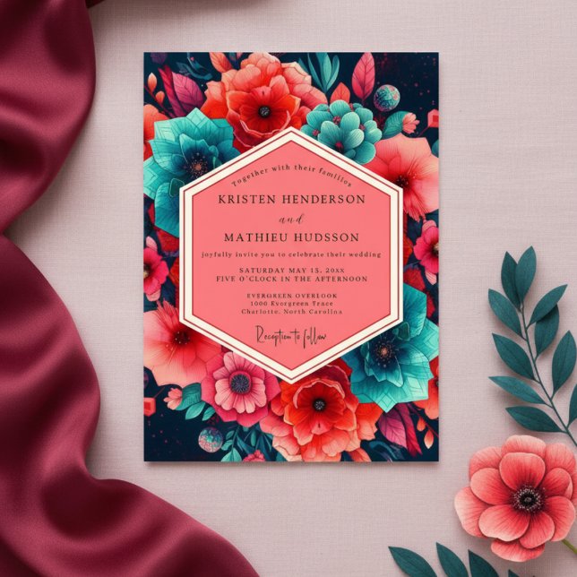 Convite Teal Coral Lush Bloom Wedding (Criador carregado)