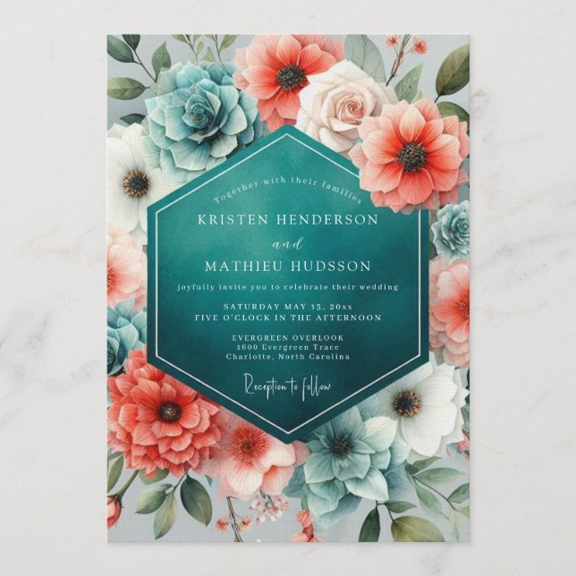 Convite Teal Coral Lush Succulent Wedding (Frente)
