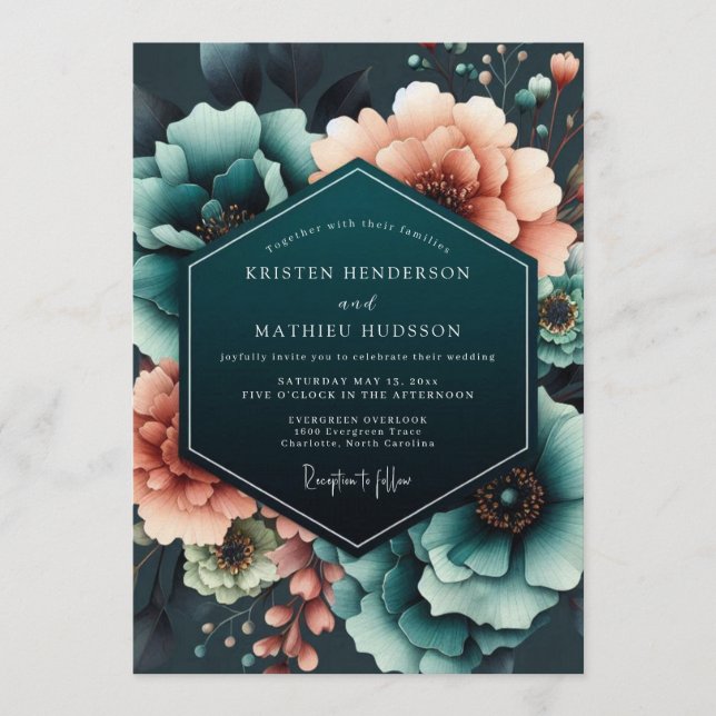 Convite Teal Coral Moody Bloom Wedding (Frente)