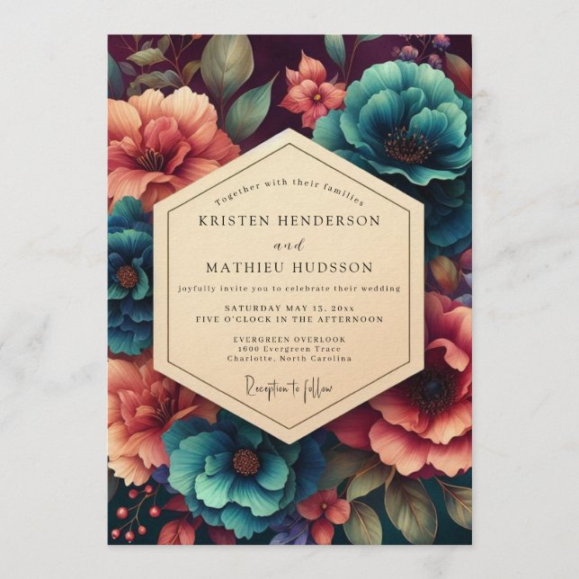 Convite Teal & Coral Moody Botanical Wedding (Frente)