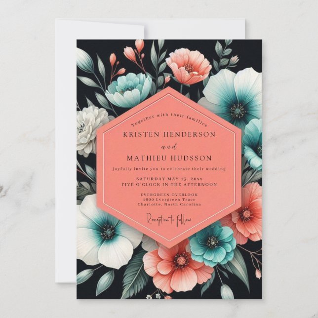 Convite Teal Coral Moody Flora Wedding (Frente)