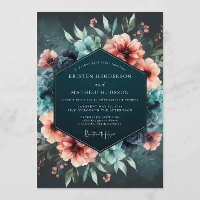 Convite Teal Coral Nocturnal Bloom Wedding (Frente)