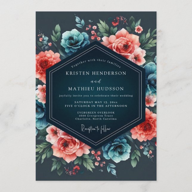 Convite Teal & Coral Nocturnal Bloom Wedding (Frente)