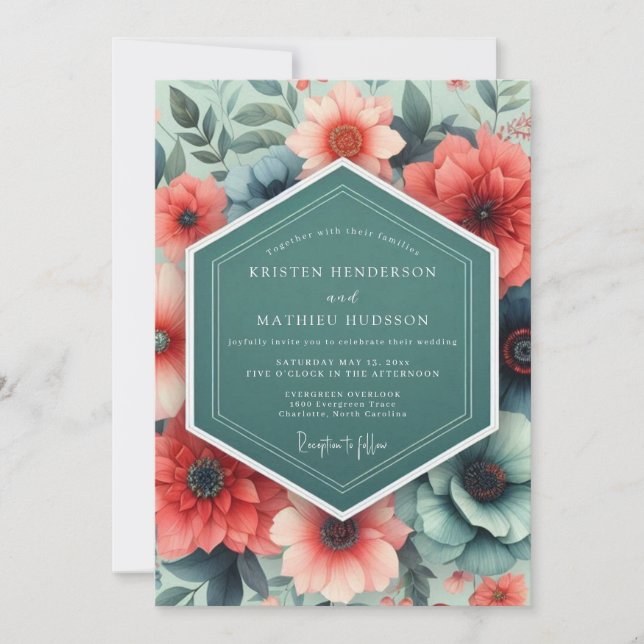 Convite Teal Coral Opulent Flora Wedding (Frente)