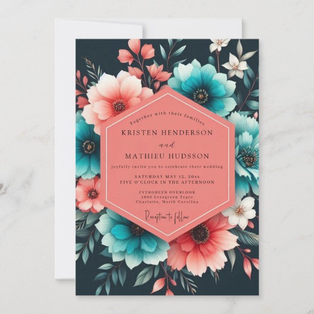 Convite Teal Coral Painterly Bloom Wedding (Frente)