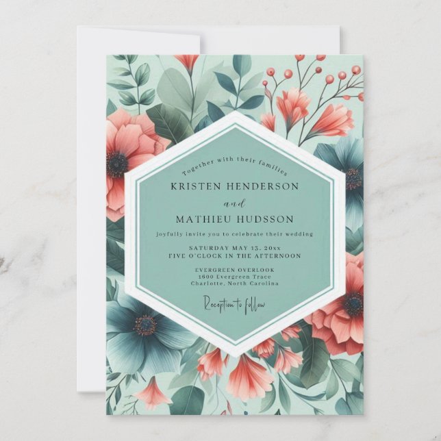 Convite Teal Coral Painterly Flora Wedding (Frente)