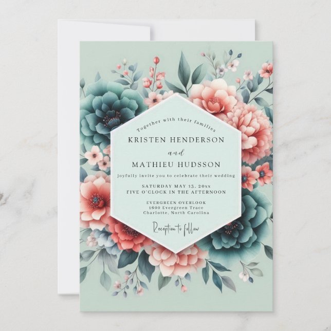 Convite Teal Coral Painterly Wedding (Frente)