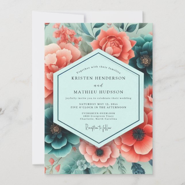 Convite Teal Coral Rich Botanical Wedding (Frente)