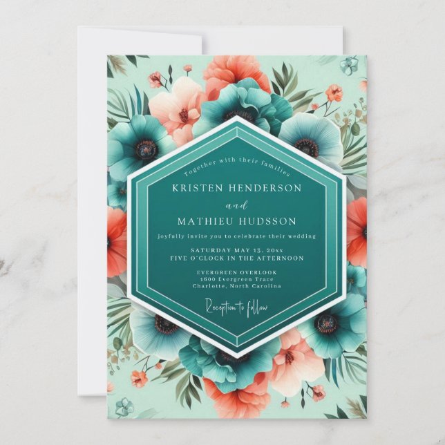 Convite Teal Coral Vivid Botanical Wedding (Frente)