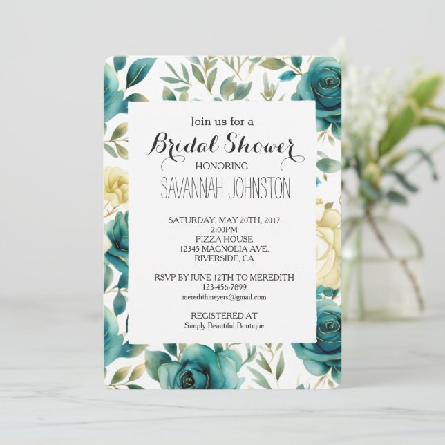 Convite Teal Cream Rose Floral Bridal Shower (Em pé/Frente)
