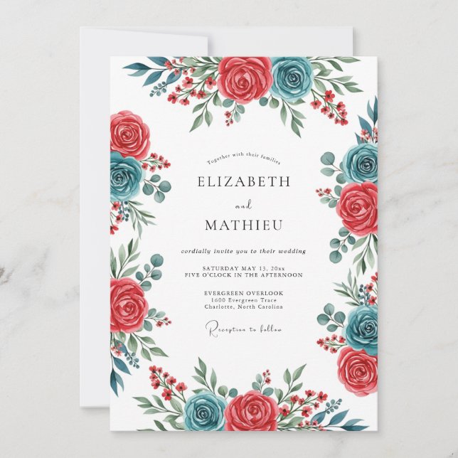 Convite Teal Crimson Spirited Botanical Wedding (Frente)