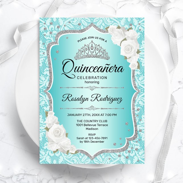 Convite Teal Damask Elegant Floral Quinceanera (Criador carregado)