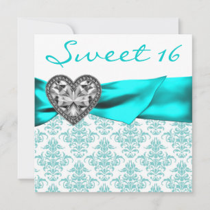 Convite Teal Damask Heart Teal Blue Sweet 16 Party