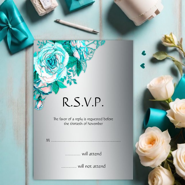 Convite Teal de Elegância Botânica sobre RSVP de Casamento (Criador carregado)