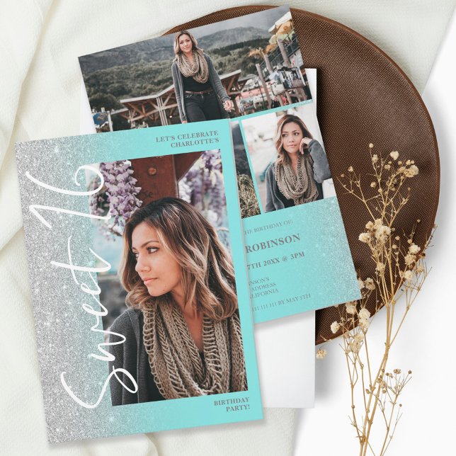 Convite Teal de script ombre prateado 4 fotos Sweet 16 (Criador carregado)