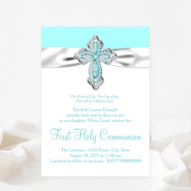 Convite Teal Diamond Cross Girls Teal Blue Primeira Comunh (Any event invitation - simply add your details.)