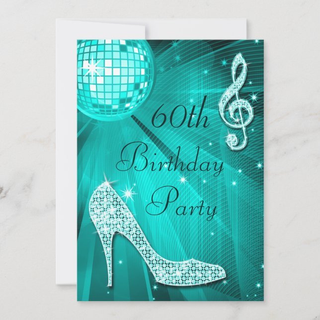 Convite Teal Disco Ball and Sparkle Heels 60º aniversário (Frente)
