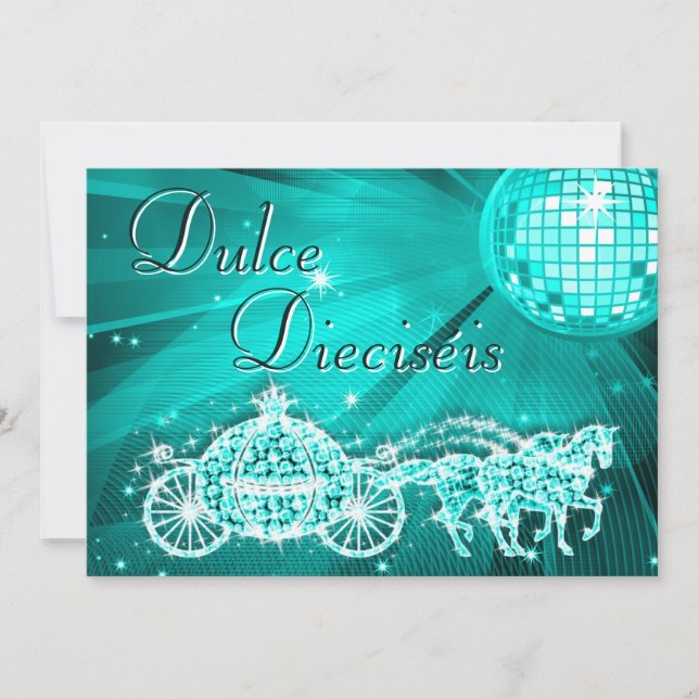 Convite Teal Disco Ball, Princess Coach & Horses Sweet 16 (Frente)