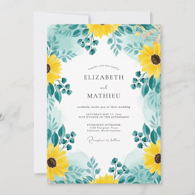 Convite Teal Distinctive Sunflower Wedding (Frente)