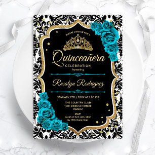 Convite Teal Dourada Black Damask Elegante Quinceanera